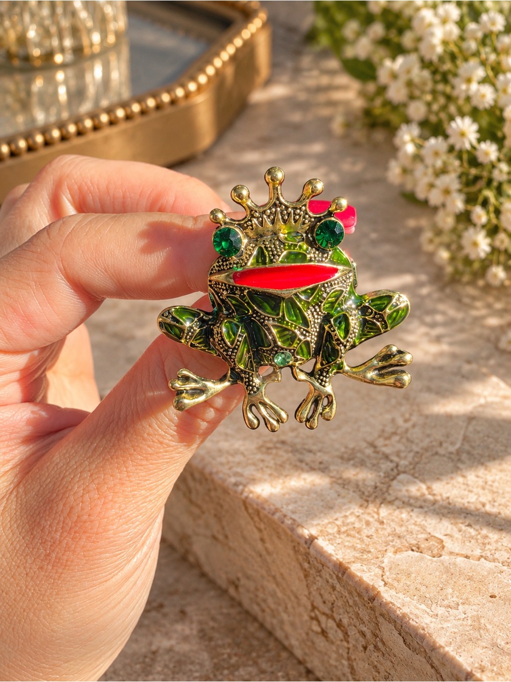 Gold Green Frog Brooch with Red Accent